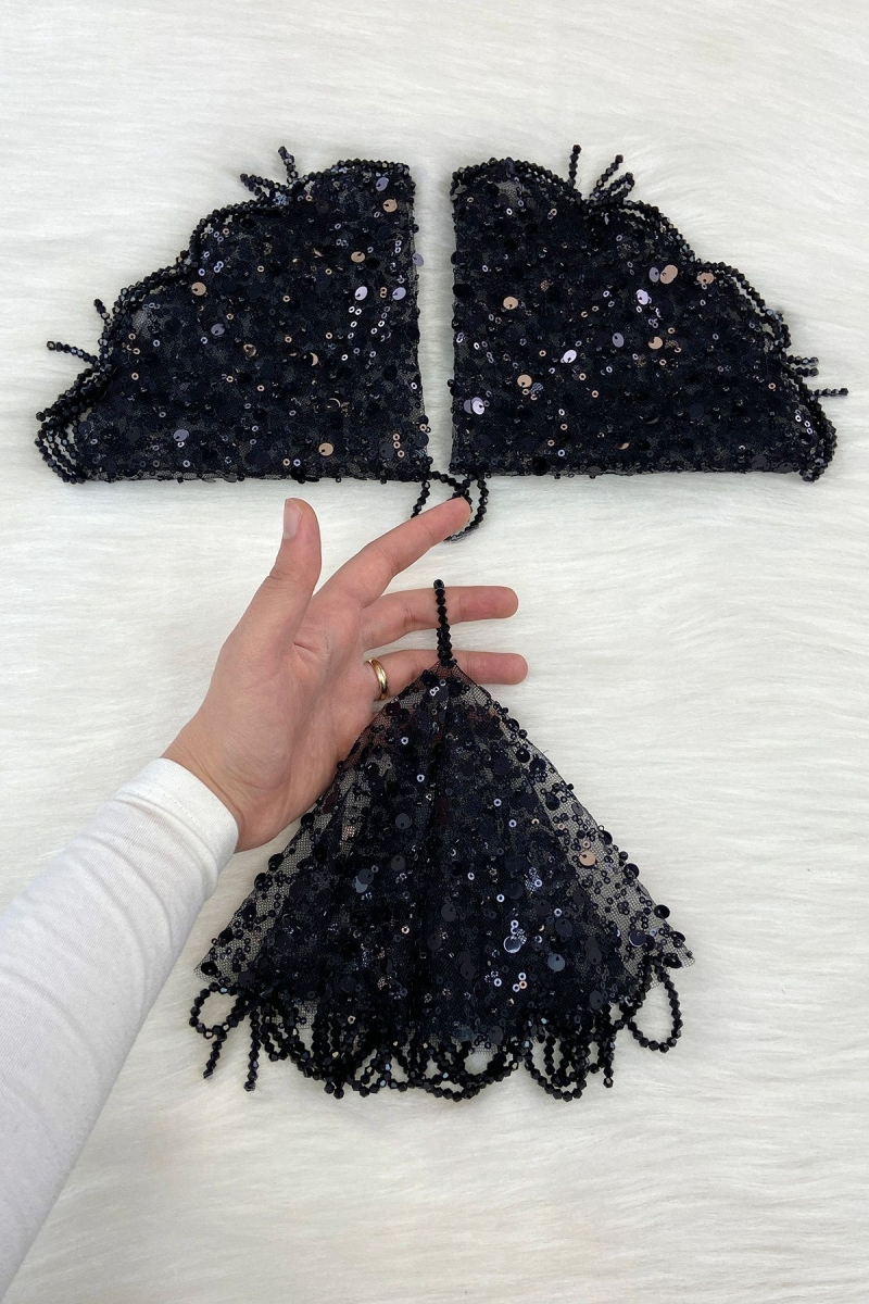 Siyah Gelin Damat Mendili Pul Payet İnci Ve Kristal Taş Detaylı Düğün Kına Sünnet Söz Nişan Halay