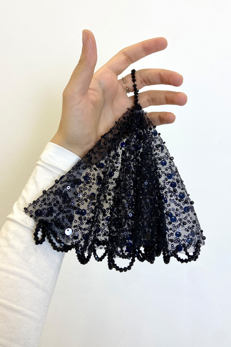 Siyah Gelin Damat Mendili, Pul Payet İnci ve Kristal Taş Detaylı, Düğün Kına Sünnet Söz Nişan