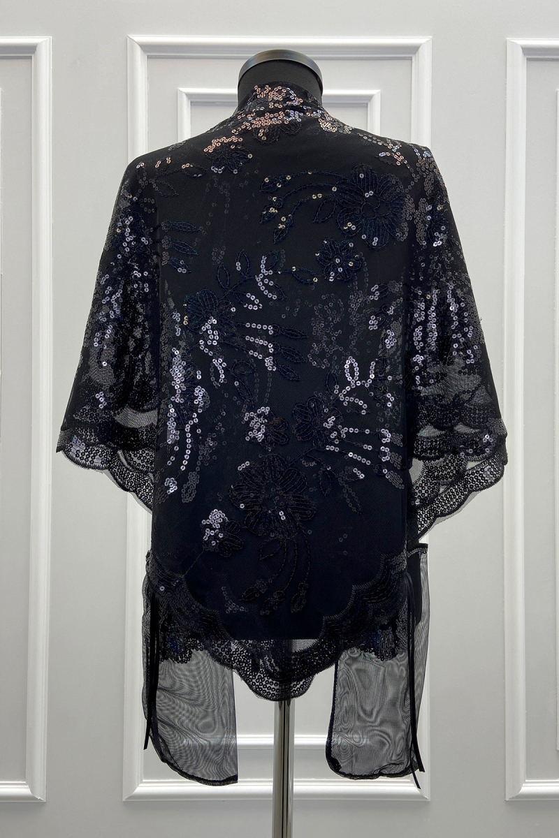 Siyah Gelin Damat Sağdıç Nedime Kına Gecesi Asker Omuz Örtüsü Şalı Eldivenli Pullu Çiçek Motifli