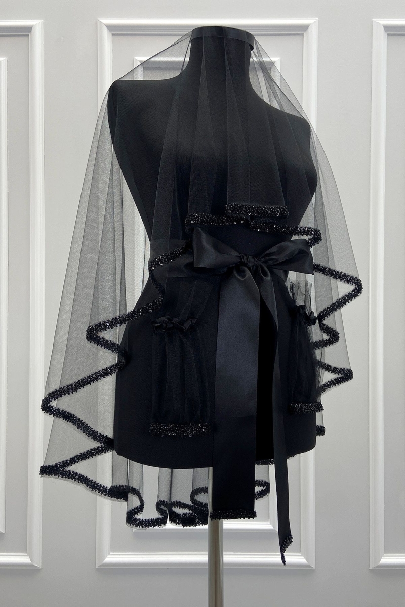 Siyah Gelin Duvak Seti, Cam Boncuk Ve İncili, Kına Gecesi Duvağı Yüz Örtüsü Seti 6 Parça