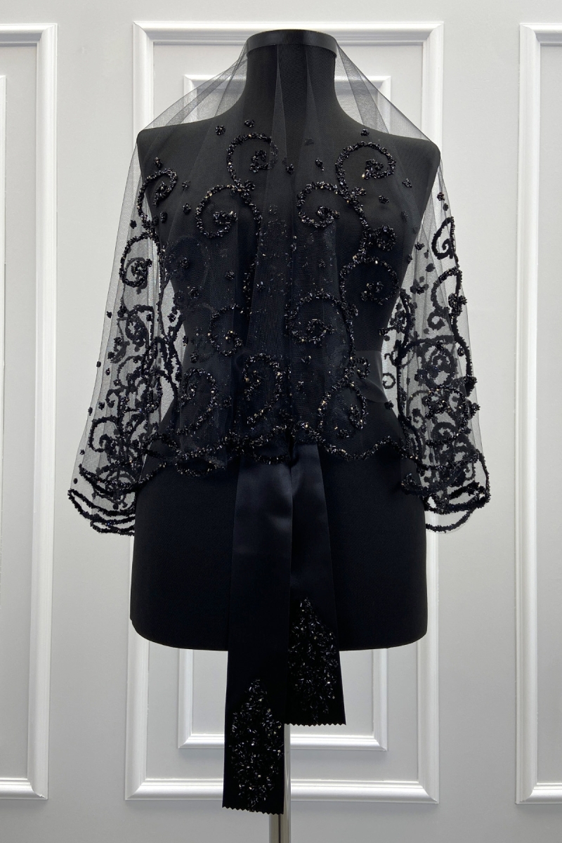 Siyah Gelin Duvak Seti, Cam Boncuk ve Pul Baskılı Kına Duvağı Seti 6 Parça