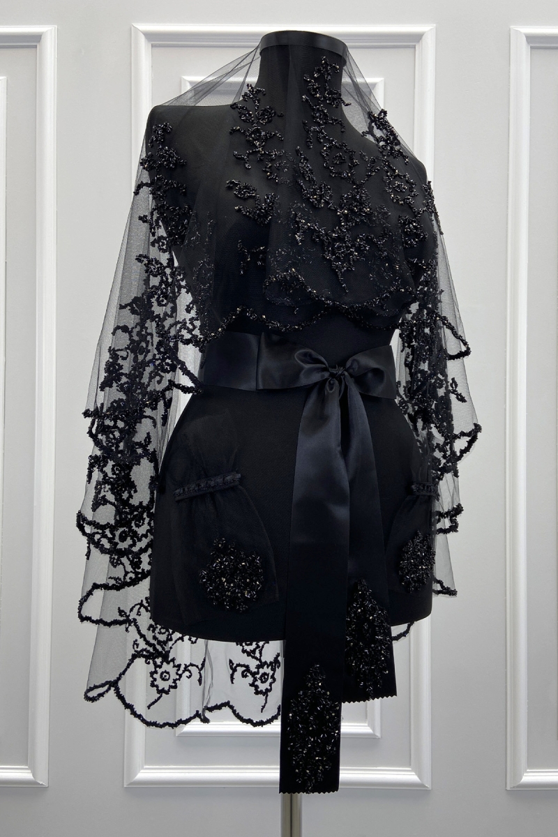 Siyah Gelin Duvak Seti, Cam Boncuk ve Pul Baskılı Kına Duvağı Yüz Örtüsü Seti 6 Parça