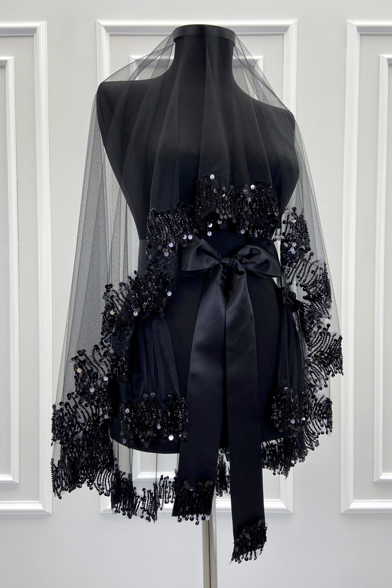 Siyah Gelin Duvak Seti, Işıl Işıl Kristal Cam Boncuk Ve Pul İşlemeli Kına Duvağı 6 Parça