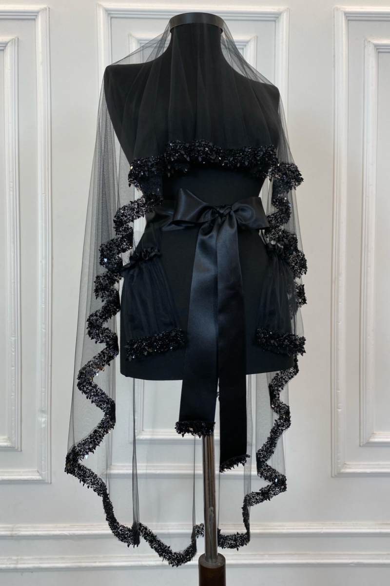 Siyah Gelin Duvak Seti, Pullu Boncuklu İncili Su Taşlı Yaprak Desenli Kına Duvağı Seti 6 Parça