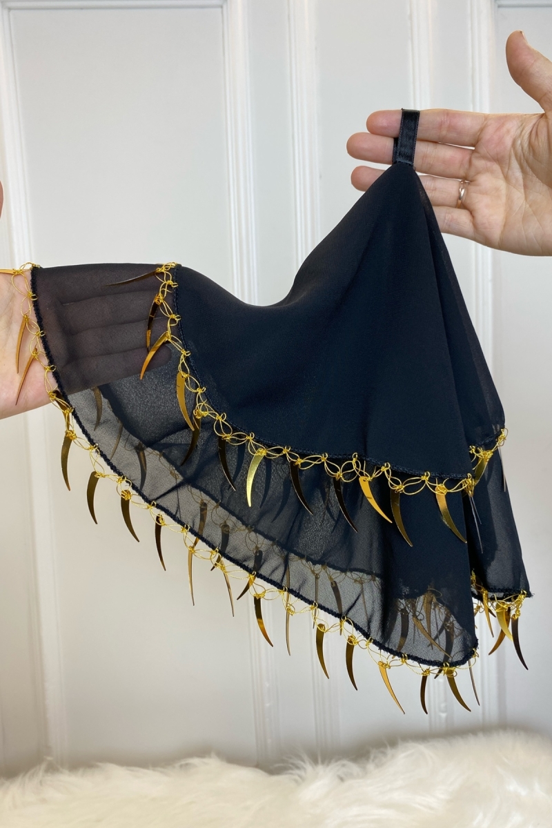 Siyah Gelin Halay Mendili, Çift Katlı Şifon Kumaş Kılıç Pullu Mendil 50cm
