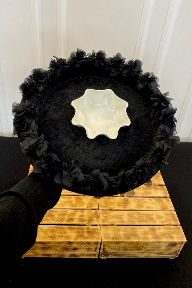 Siyah Gelin Kına Gecesi Tepsisi, Düğün, Sünnet, Kadife Üç Boyutlu Lazer Çiçek Süslemeli Tepsi