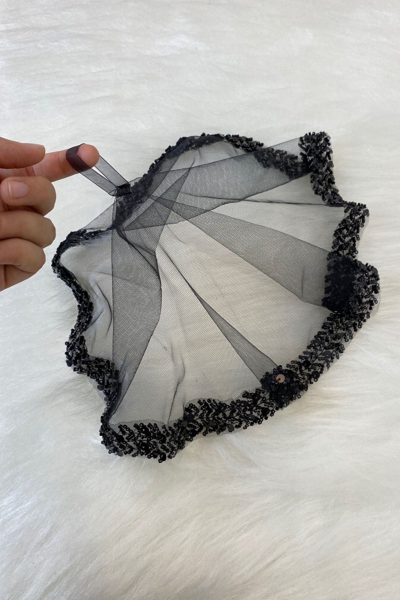 Siyah Gelin Mendili, Halay El Mendili, Zarif Su Taşlı Pullu Boncuklu Pul Payet