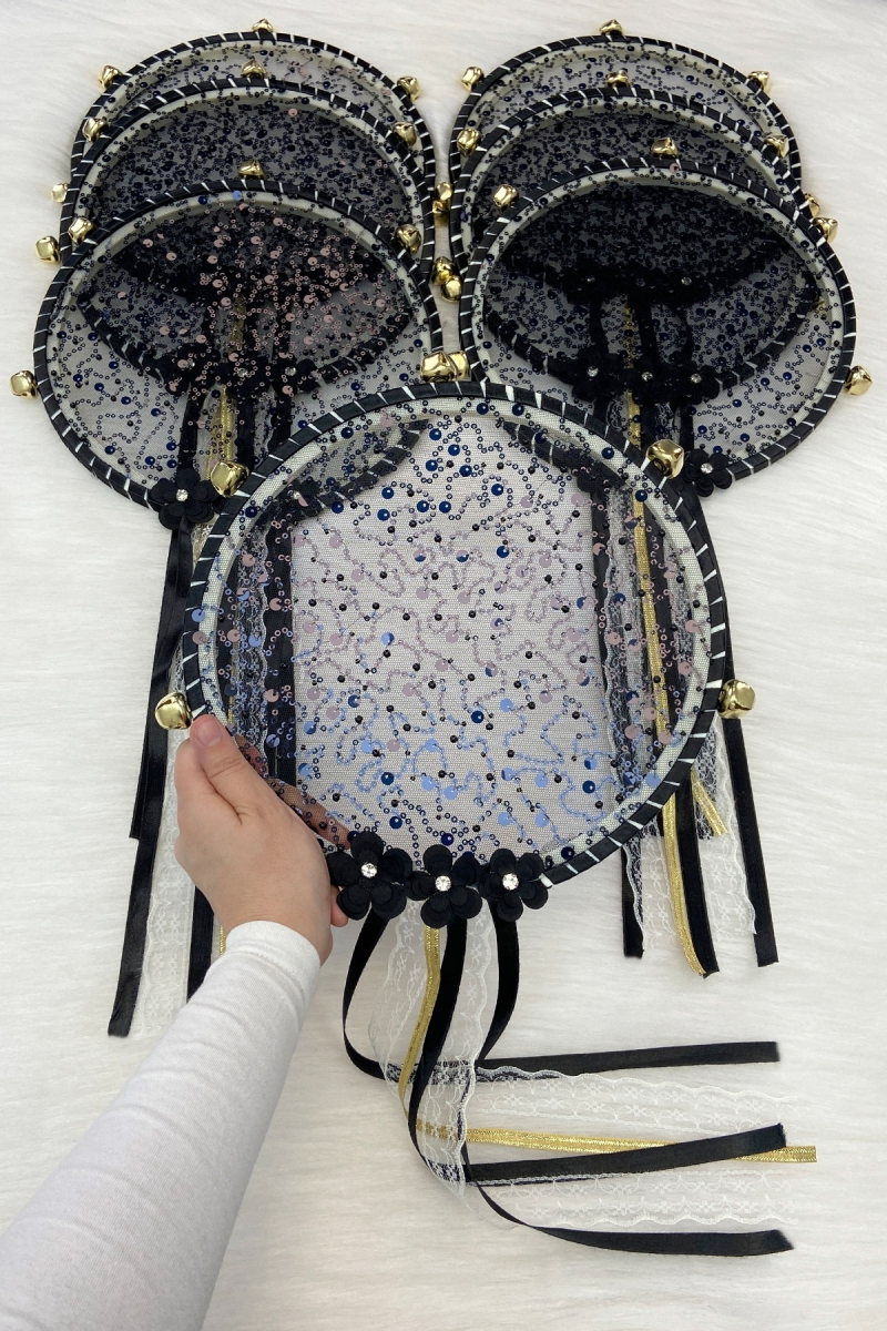 Siyah Gelin Nedime Tefi, Çiçek Pul Payet Ve Parlak Taşlı, Düğün Kına Bride Sünnet Parti Defi 1 Adet