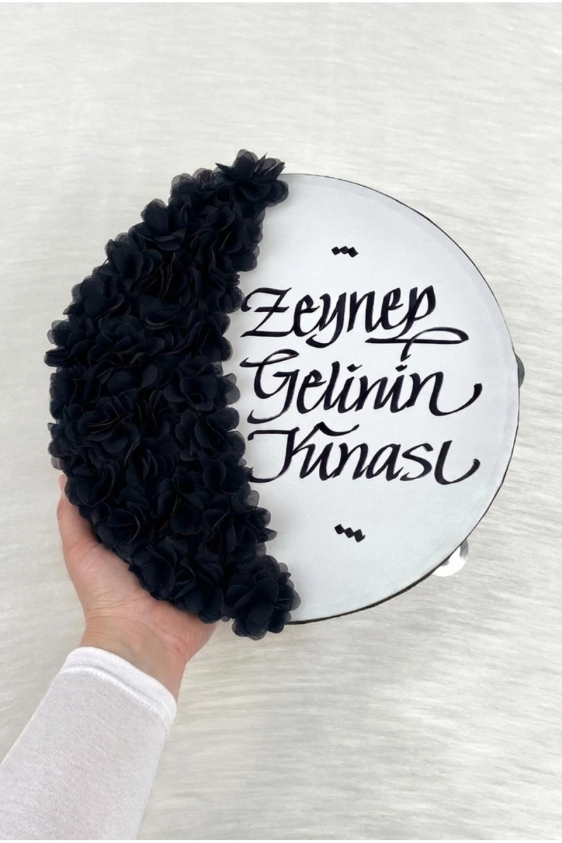 Siyah Gelin Tefi 30 Cm, Kaligrafi Ve Lazer Çiçek Süslemeli, Düğün Sünnet Kına Nedime Nikah Nişan Söz Bride Parti Bekarlığa Veda Partisi Gelin Damat