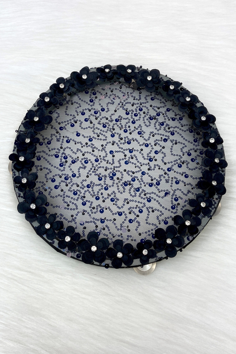 Siyah Gelin Tefi 32cm Çiçek Pul Payet Parlak Taşlı Düğün Kına Nedime Bride Parti Defi