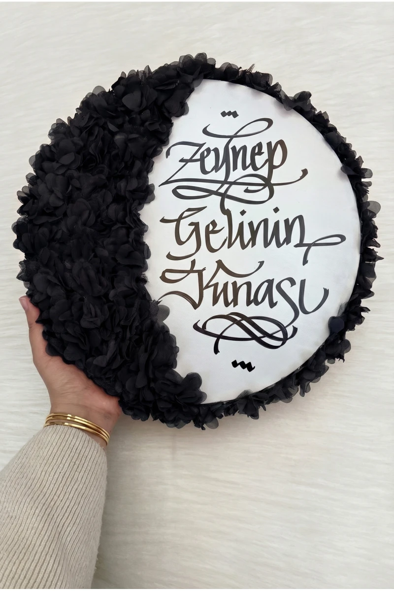 Siyah Gelin Tefi 32cm, Kaligrafi Ve 3d Çiçek Süslemeli, Düğün Sünnet Kına Nedime Bride Parti Defi