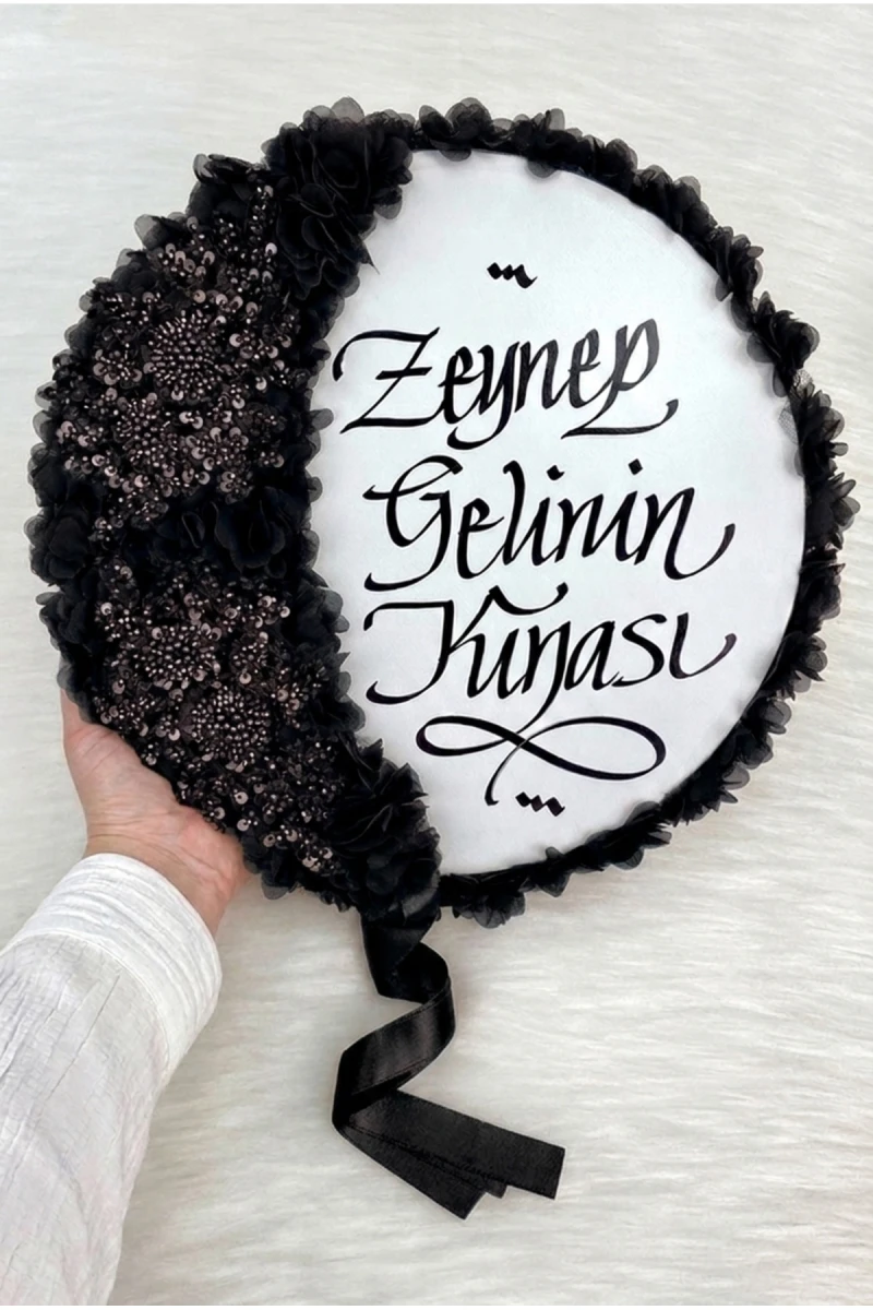 Siyah Gelin Tefi 32cm, Kaligrafi Ve Vip Aplik Süslemeli, Düğün Sünnet Kına Nedime Nikah Söz Bride Parti Tefi
