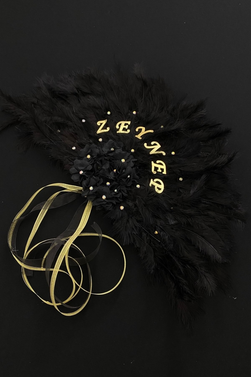 Siyah Gelin Yelpazesi, Bekarlığa Veda Partisi, Bride To Be, Nedime, Kına Gecesi, Ahşap Tüylü Yelpaze