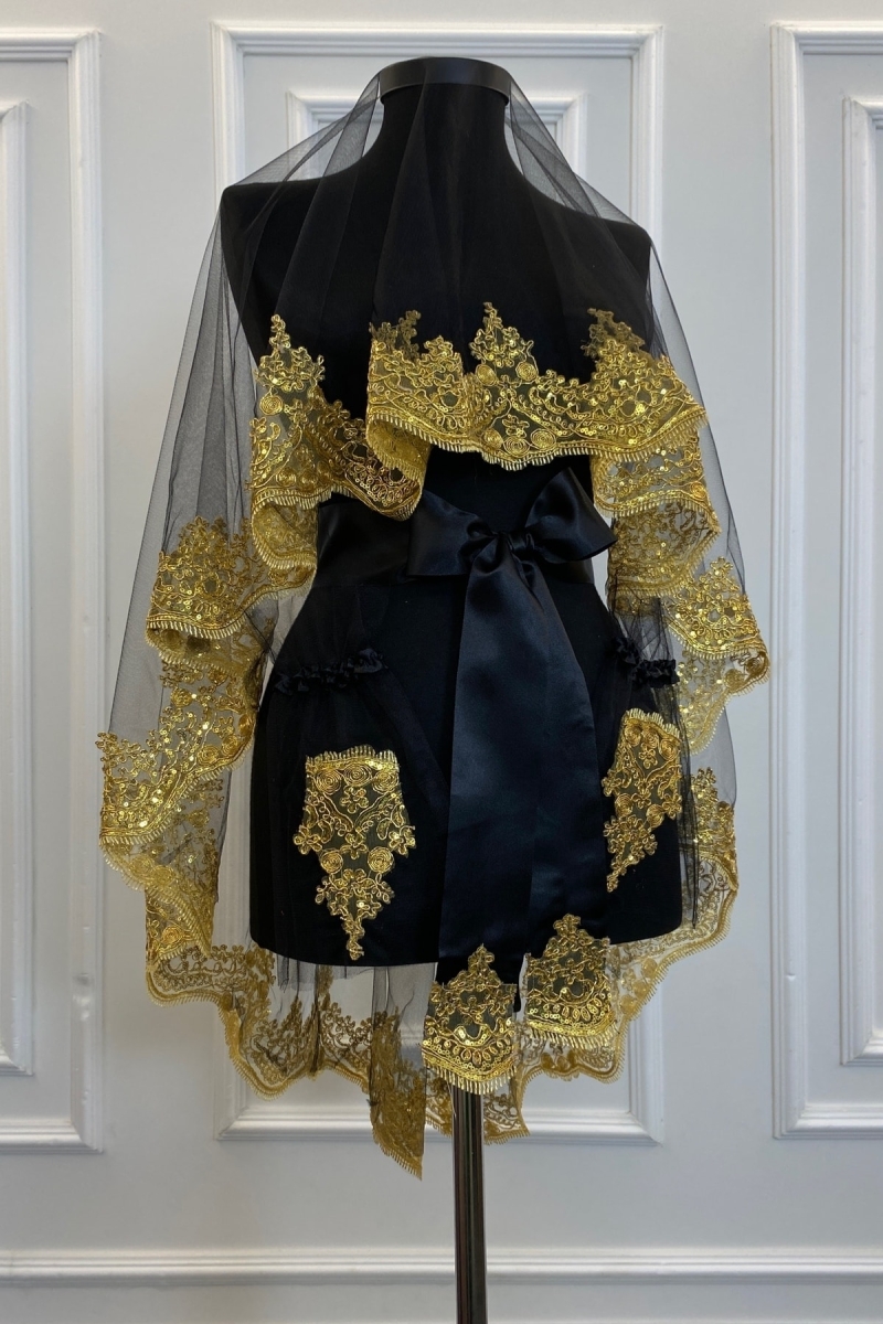 Siyah Gold Işıl Işıl Güpürlü Gelin Kına Duvağı Seti Düğün Kına Gecesi Yüz Örtüsü Alı