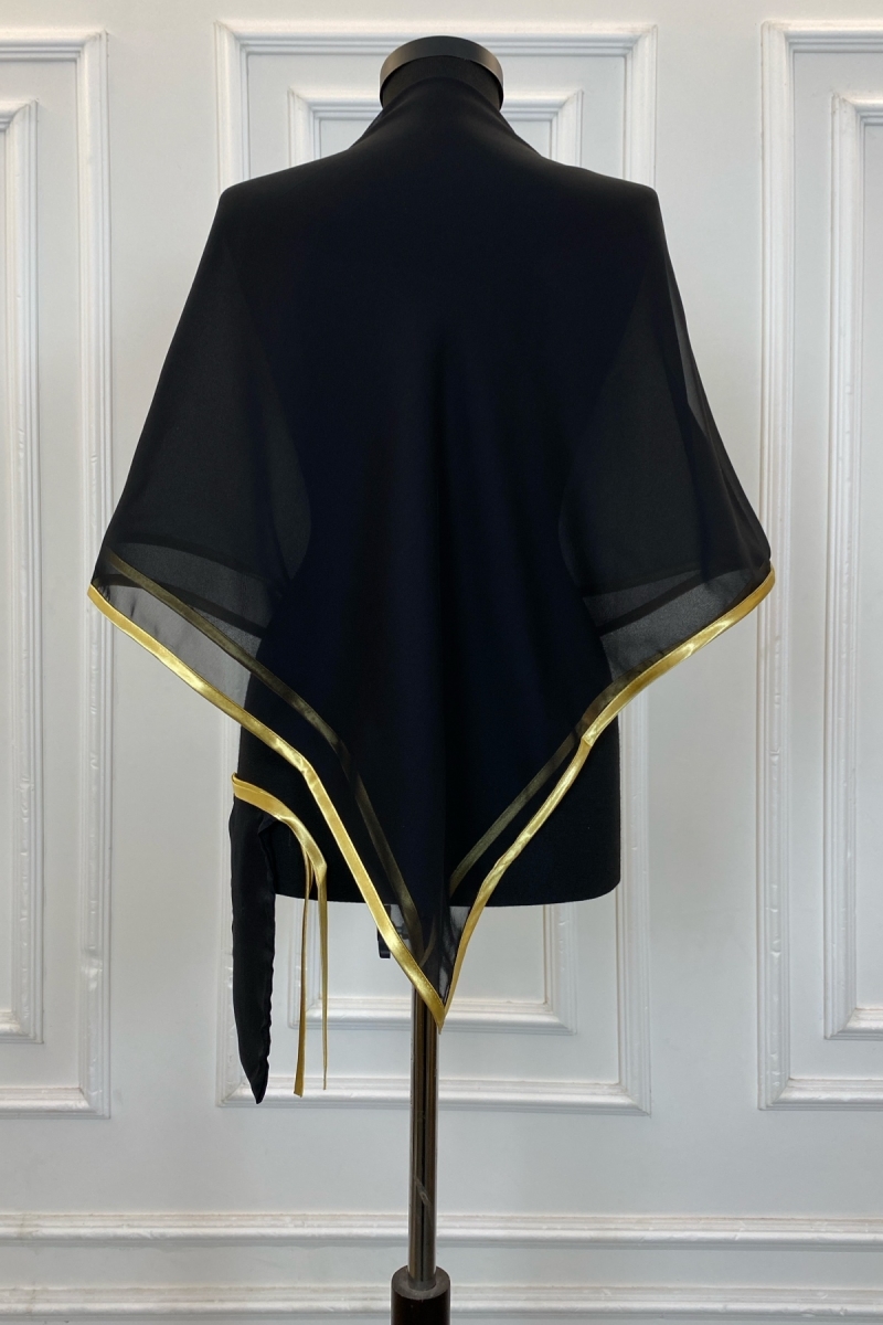Siyah Gold Şifon Lüks Damat Omuz Örtüsü Şalı, Sade Model, Sağdıç Nedime Kına Asker Şalı Duvağı