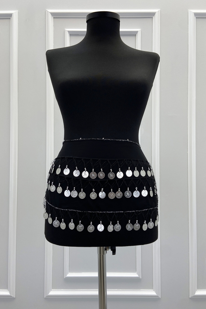 Siyah Gümüş Şakira Oryantal Dansöz Dans Kemeri Pullu Zilli Kına Oyun Eğlence Düğün Shakira Kemer