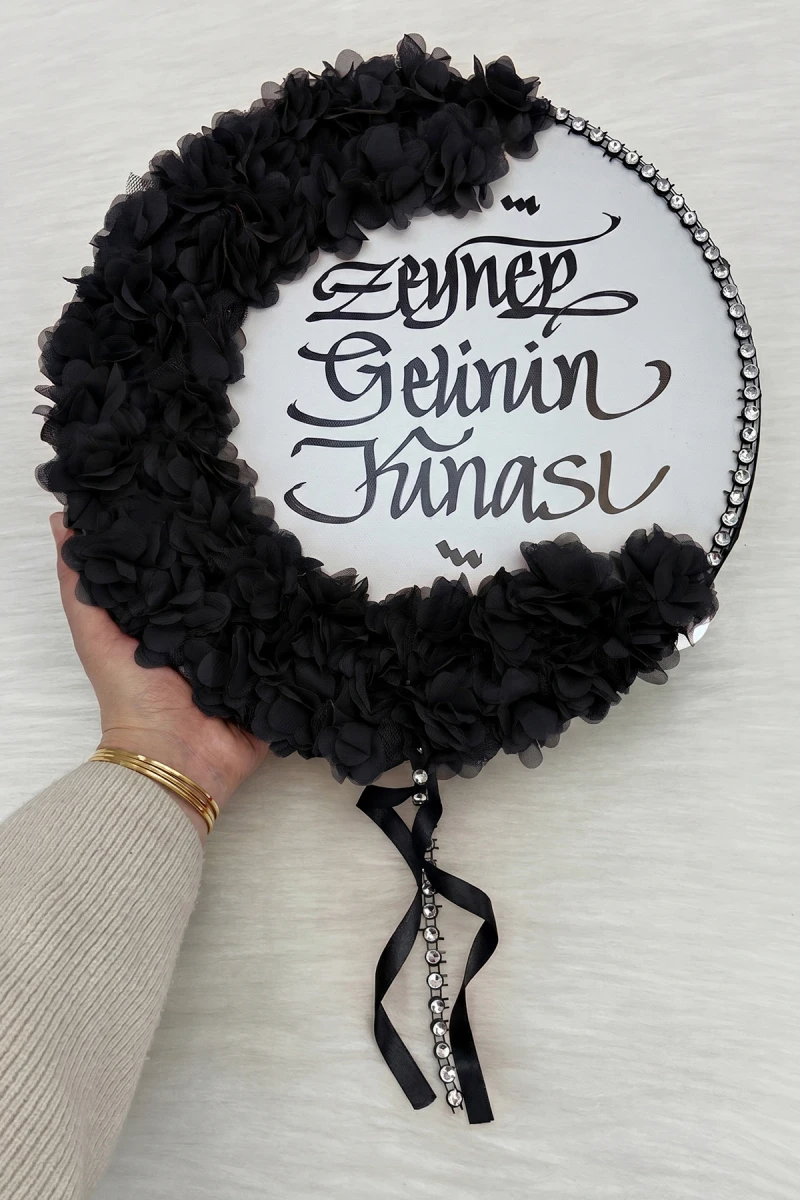 Siyah Kaligrafi Gelin Tefi 32cm, Parlak Taş Ve 3d Çiçek Süslemeli, Düğün Kına Sünnet Nedime Bride Parti Defi