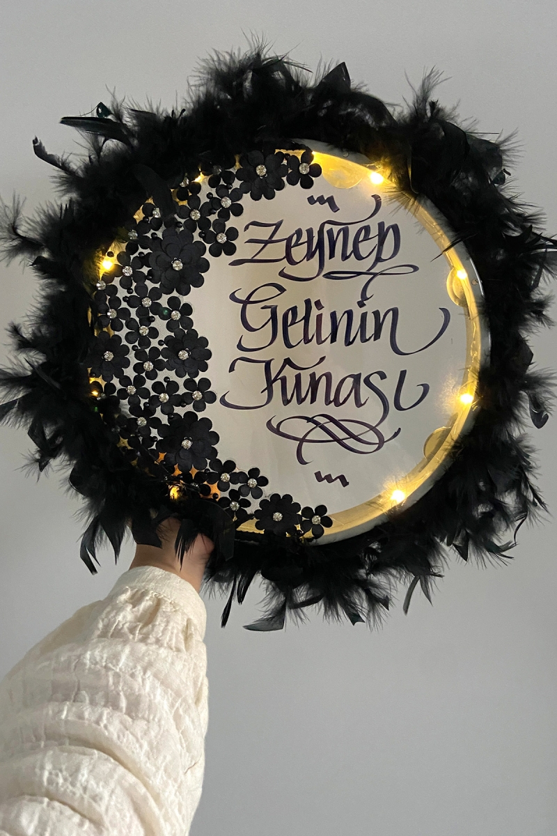 Siyah Ledli Şeffaf Gelin Tefi 32cm 3d Çiçek Parlak Taş Otrişli Düğün Kına Nedime Bride Parti Defi