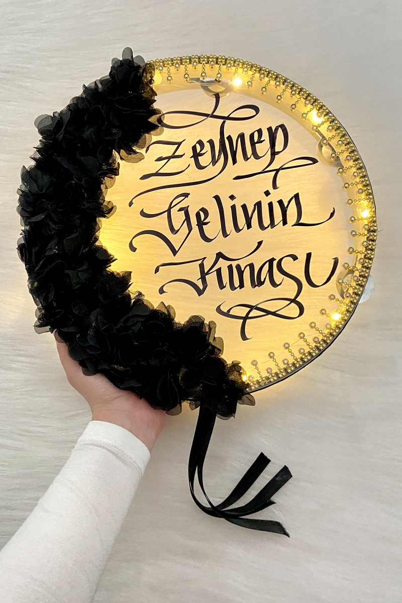 Siyah Ledli Şeffaf Gelin Tefi 32cm 3d Çiçek Parlak Taşlı Düğün Kına Nedime Bride Parti Defi