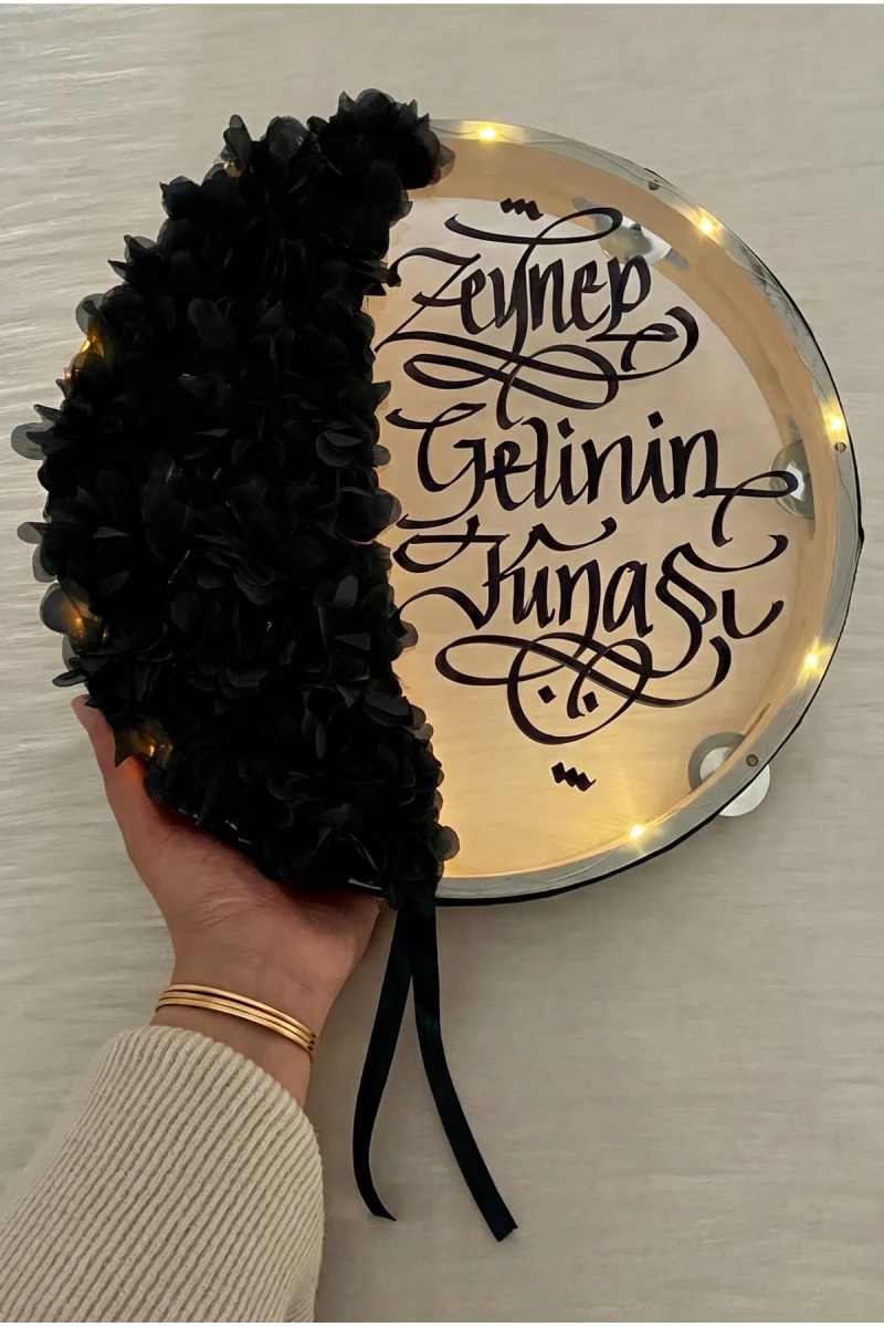 Siyah Ledli Şeffaf Gelin Tefi 32cm, 3d Çiçek Süslemeli, Düğün Sünnet Kına Nedime Bride Parti Defi