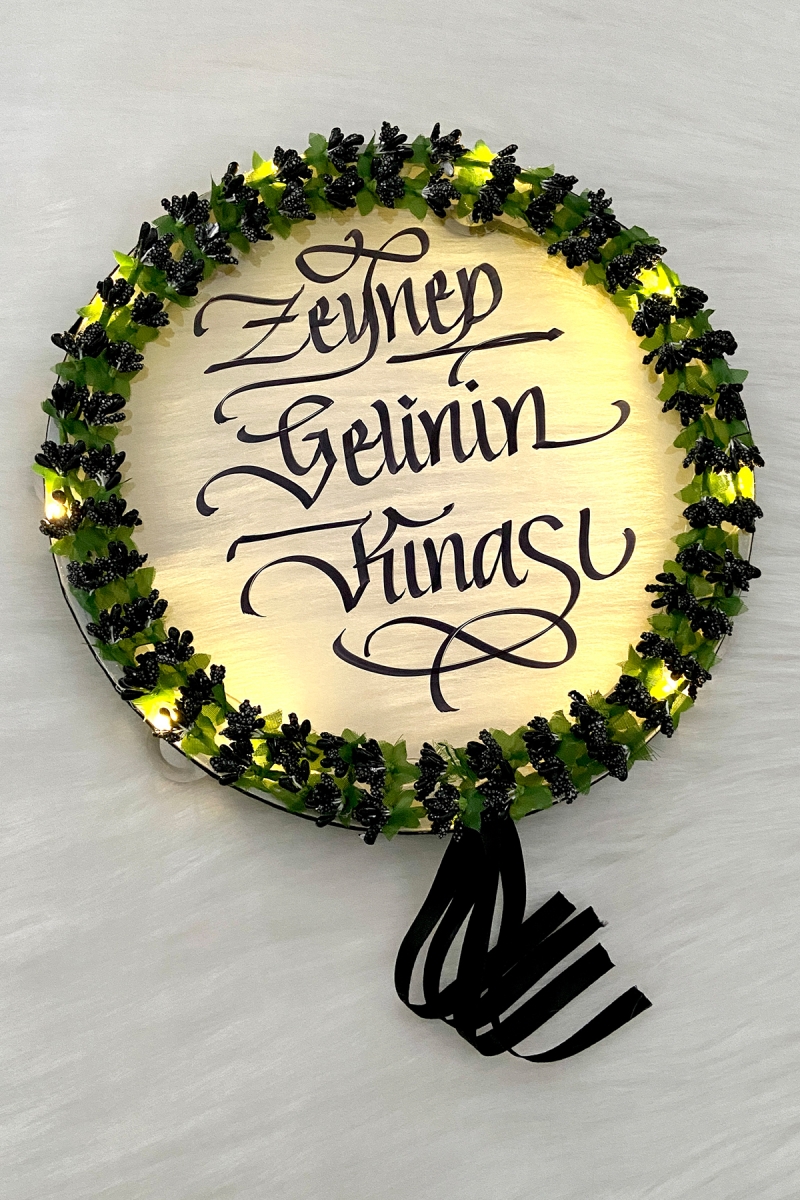 Siyah Ledli Şeffaf Gelin Tefi 32cm Cipsolu Saten Kurdele Düğün Kına Nedime Bride Parti Defi