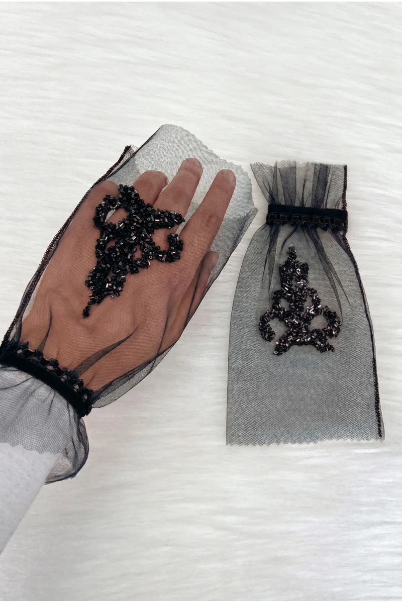 Siyah Lüks Kristal Cam Boncuk Gelin Eldiveni, Kına Gecesi Düğün Bekarlığa Veda Nikah Bride Söz
