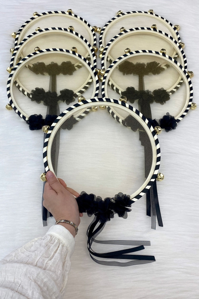 Siyah Nedime Gelin Tefi, Çiçekli Düğün Kına Gecesi Sünnet Bekarlığa Veda Bride Defi Zilli 1 Adet