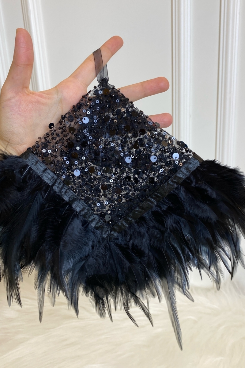 Siyah Otantik Vip Gelin Mendili, Halay Arnavut Mendili Boncuk Inci Pul Ve Tüy Detaylı