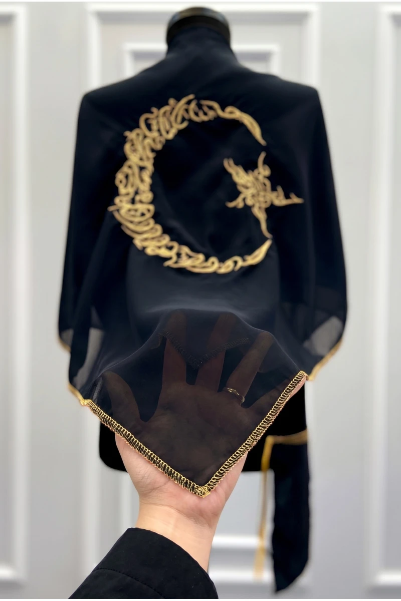 Kare Siyah Şifon Damat Omuz Örtüsü, Gold Ayyıldız Nakışlı Sim Kenar, Sağdıç Nedime Kına Asker Duvağı