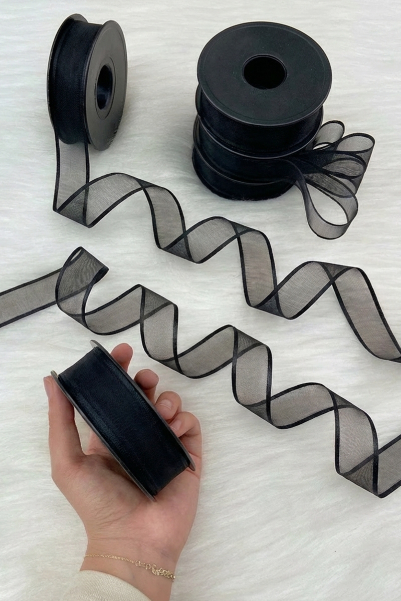 Siyah Şifon Kurdele 2,5 cm 20 mt, Gelin, Damat, Bohça, Nişan, Çeyiz, Özel Gün, Hediye, Düğün, Süsü