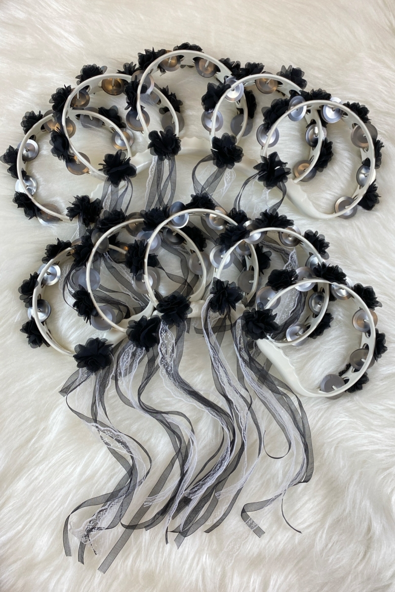 Siyah Süslü Gelin Nedime Kına Gecesi Tefi, Üç Boyut Lazer Çiçek ve Kurdele Detaylı Tef 10 Adet