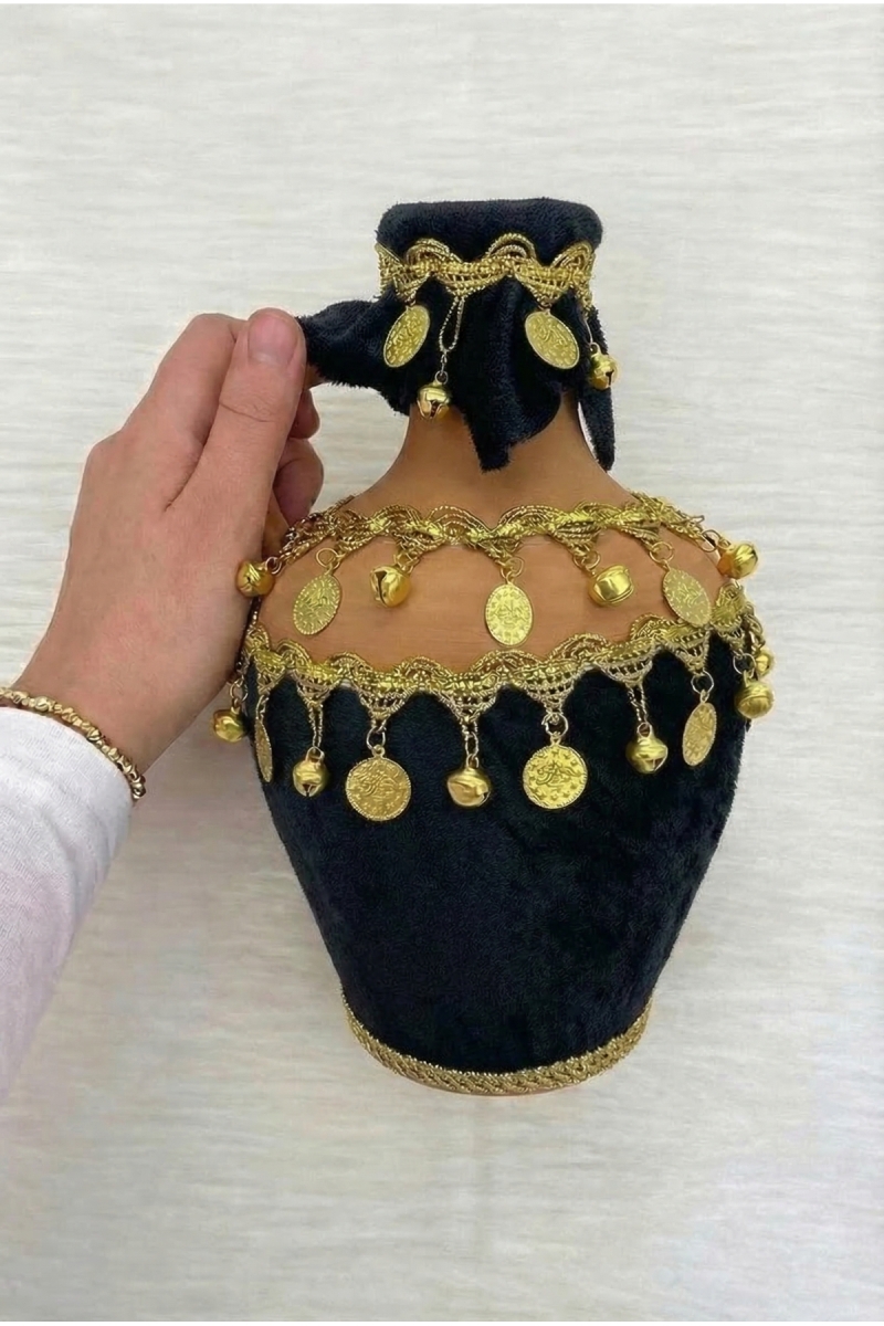 Siyah Testi, Kadife Gold Zilli Ve Pullu Süslü Gelin Kına Gecesi Testisi, Düğün Küpü, Toprak Testi