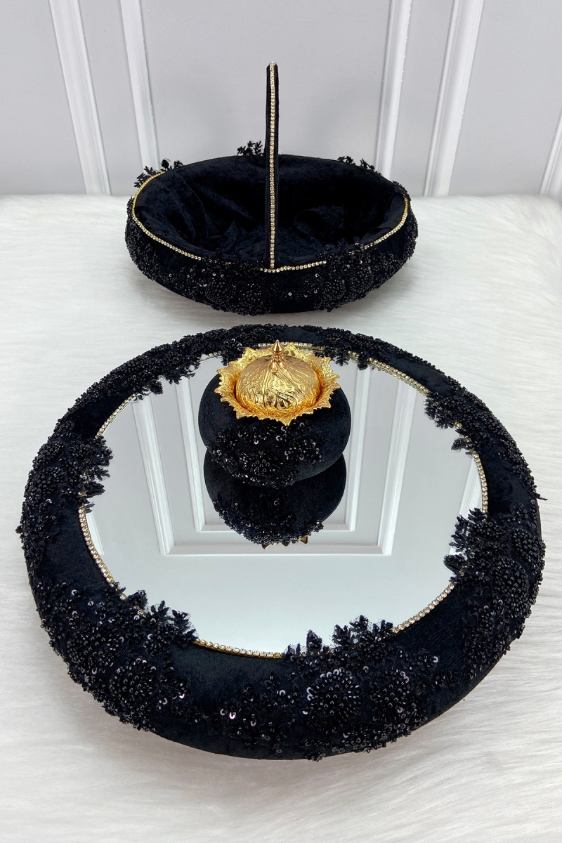 Siyah Vip Aplikli Aynalı Kadife Kına Gecesi Tepsi Sepet Gelin Takımı, Nişan Nikah Düğün Söz Sünnet