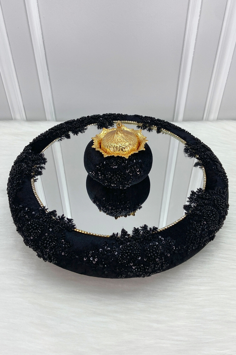 Siyah Vip Aplikli Aynalı Kadife Kına Gecesi Tepsisi Gelin, Nişan Nikah Düğün Söz Sünnet