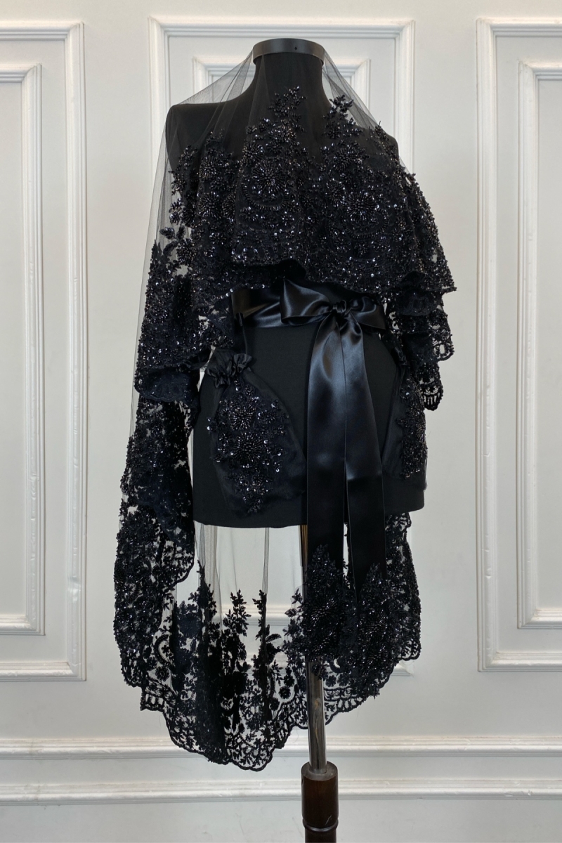 Siyah Vip Deluxe Gelin Duvak Seti, Kına Duvağı 6 Parça Tam Set