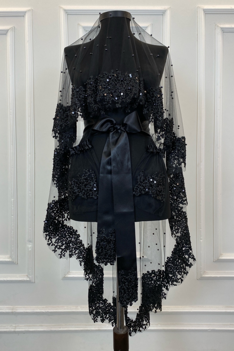 Siyah Vip Gelin Duvak Seti, Papatya Güpürlü Boncuklu Pullu Incili Kına Duvağı Seti 6 Parça