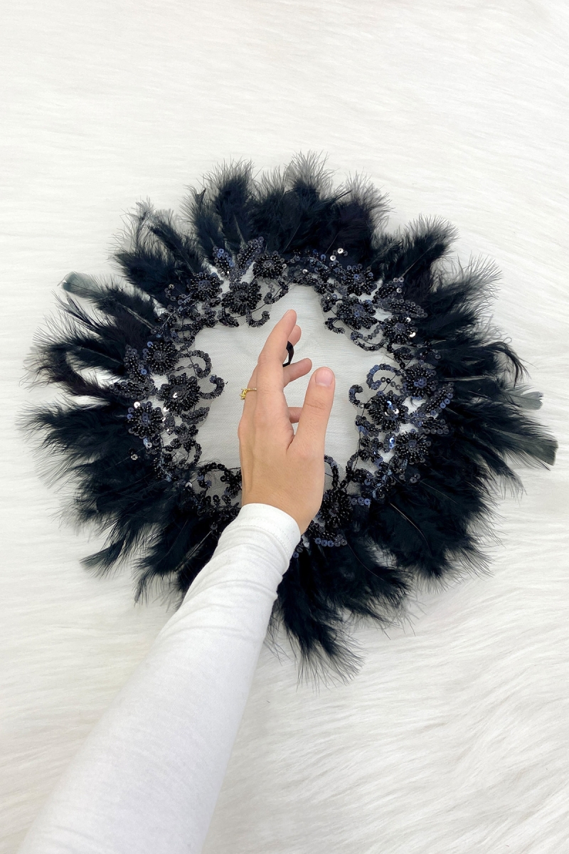 Siyah Vip Gelin Mendili, Boncuk İnci Pul Tüy Detaylı Lüks Aplikli Damat Düğün Kına Sünnet Nişan