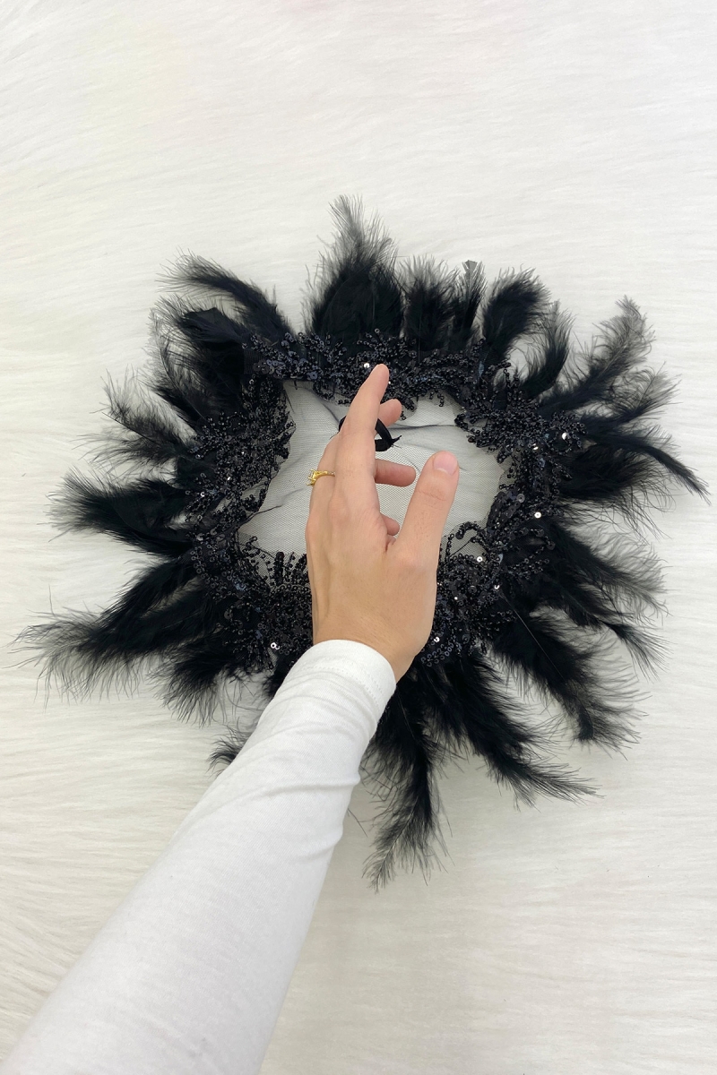 Siyah Vip Gelin Mendili, Boncuk İnci Pul Tüy Detaylı Lüks Aplikli Damat Düğün Kına Sünnet Nişan