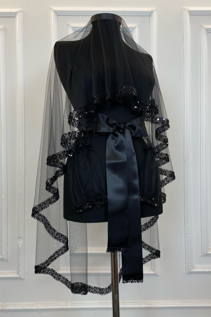 Siyah Zarif Gelin Duvak Seti , Su Taşlı Kına Duvağı Seti 6 Parça, Pul Payet Duvak