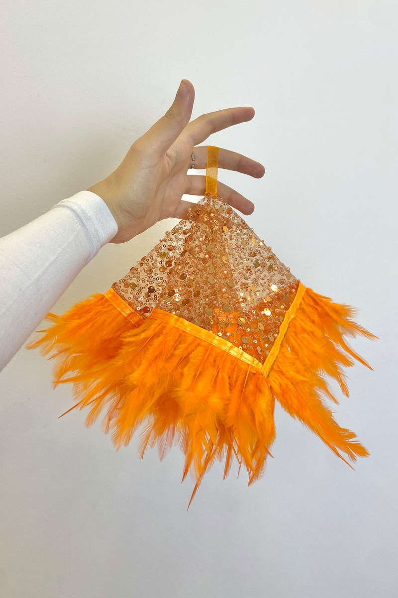 Turuncu Otantik Vip Gelin Mendili, Halay Arnavut Mendili Boncuk Inci Pul Ve Tüy Detaylı