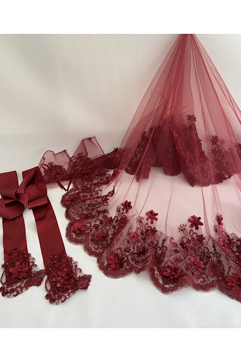 Üç Boyutlu Lüks Dantelli Inci Süslemeli Gelin Duvak Kuşak Eldiven Set Kına Gecesi Düğün