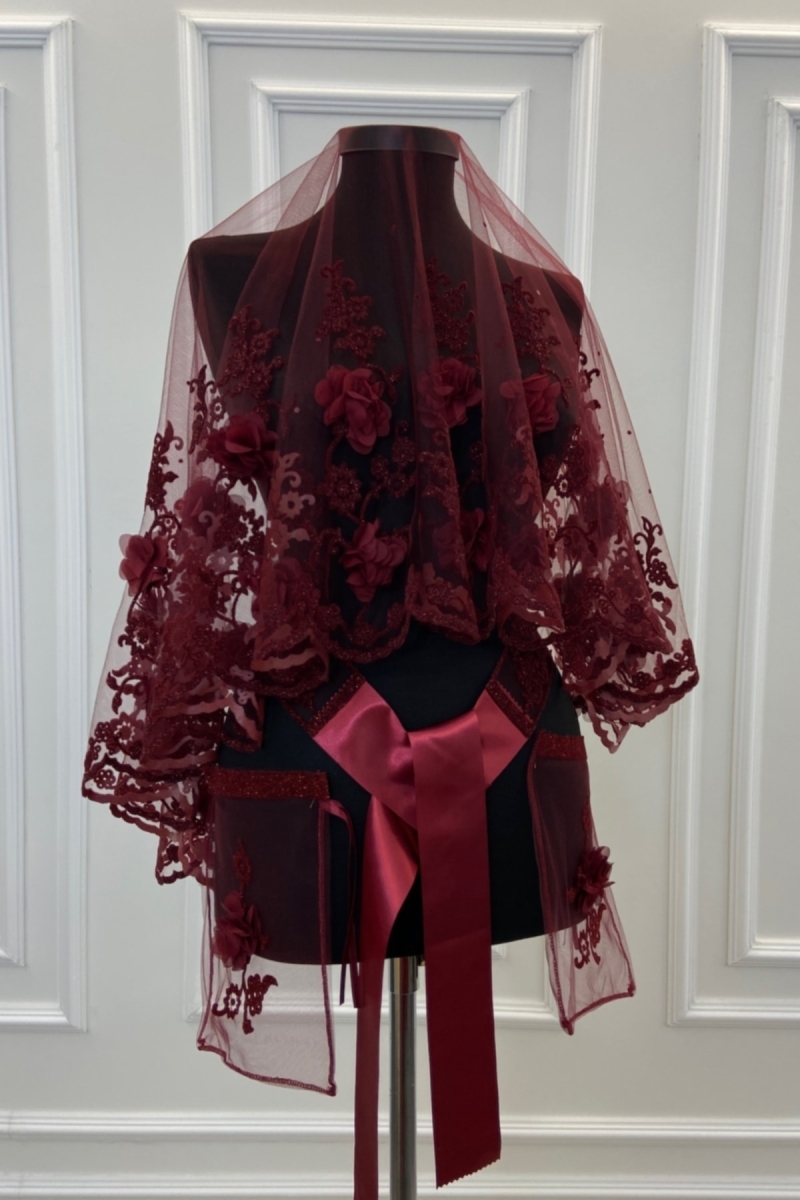 Üç Boyutlu Lüks Kına Örtüsü Gelin Duvak Seti 3d Bordo