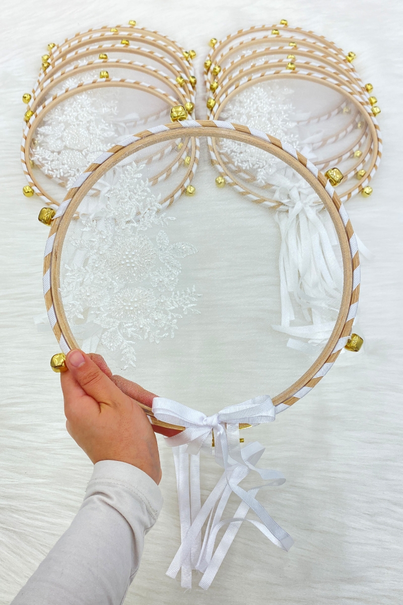 Vip Aplikli Gelin Tefi Beyaz, Nedime Düğün Kına Gecesi Sünnet Bekarlığa Veda Bride Zilli 25cm 1 Adet