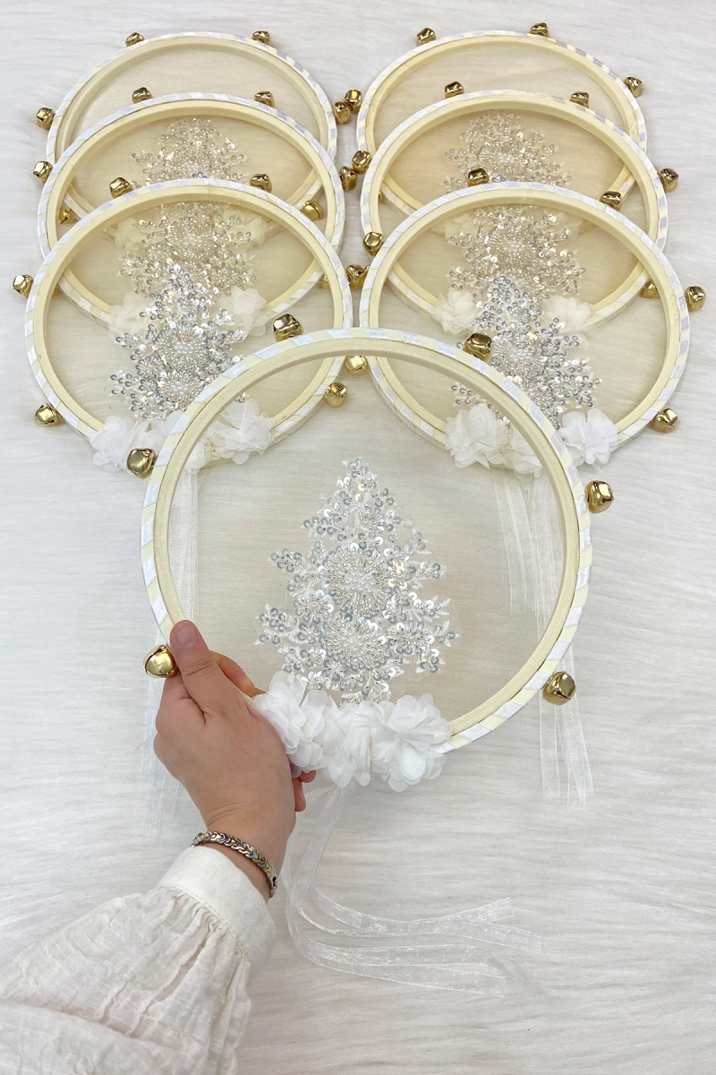 Vip Aplikli Gelin Tefi Beyaz, Nedime Düğün Kına Gecesi Sünnet Bekarlığa Veda Bride Zilli 27cm 1 Adet