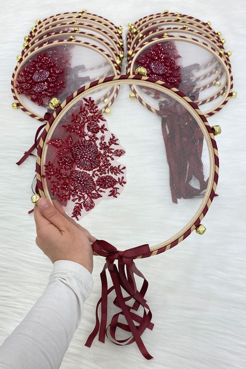 Vip Aplikli Gelin Tefi Bordo, Nedime Düğün Kına Gecesi Sünnet Bekarlığa Veda Bride Zilli 25cm 1 Adet