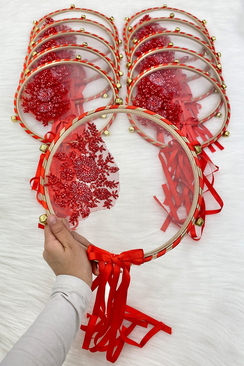 Vip Aplikli Gelin Tefi Kırmızı Nedime Düğün Kına Gecesi Sünnet Bekarlığa Veda Bride Zilli 25cm 1Adet