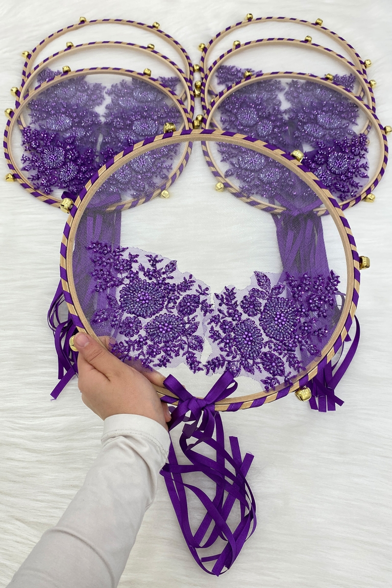 Vip Aplikli Gelin Tefi Mor, Nedime Düğün Kına Gecesi Sünnet Bekarlığa Veda Bride Zilli 30cm 1 Adet