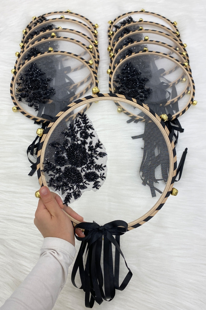 Vip Aplikli Gelin Tefi Siyah, Nedime Düğün Kına Gecesi Sünnet Bekarlığa Veda Bride Zilli 25cm 1 Adet