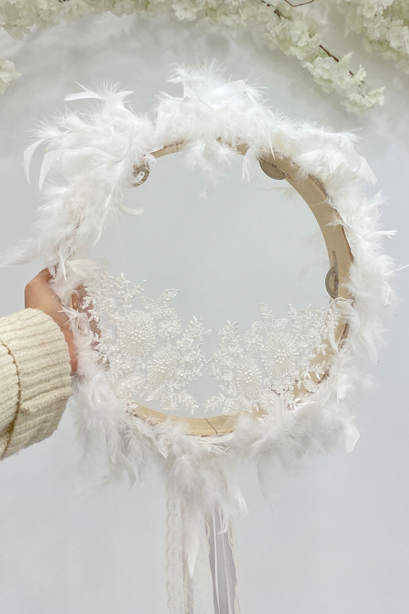 Vip Aplikli Tüylü Gelin Tefi Beyaz, Nedime Düğün Kına Gecesi Sünnet Bekarlığa Veda Bride 30cm 1 Adet