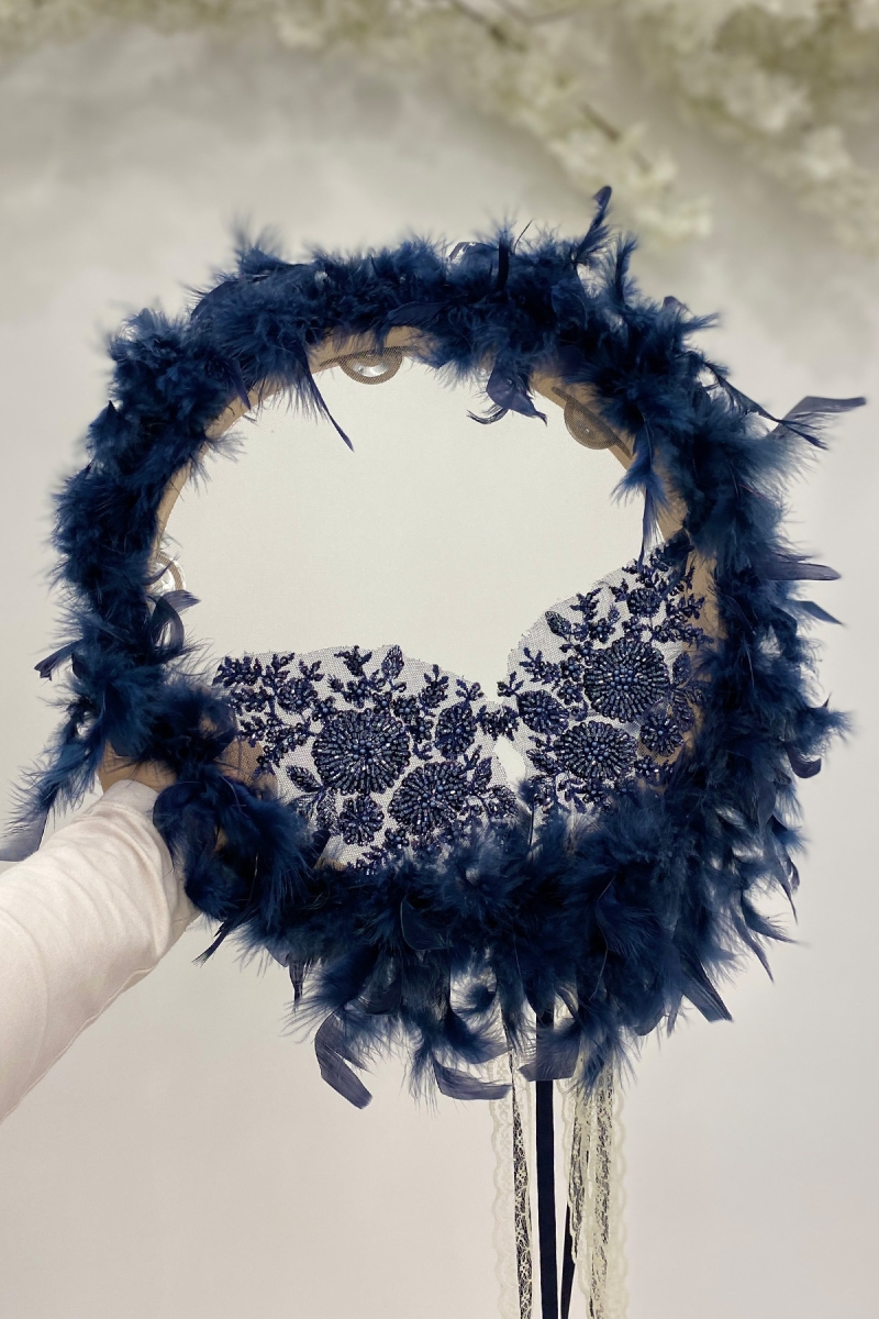 Vip Aplikli Tüylü Gelin Tefi Lacivert, Nedime Düğün Kına Sünnet Bekarlığa Veda Bride 30cm 1 Adet